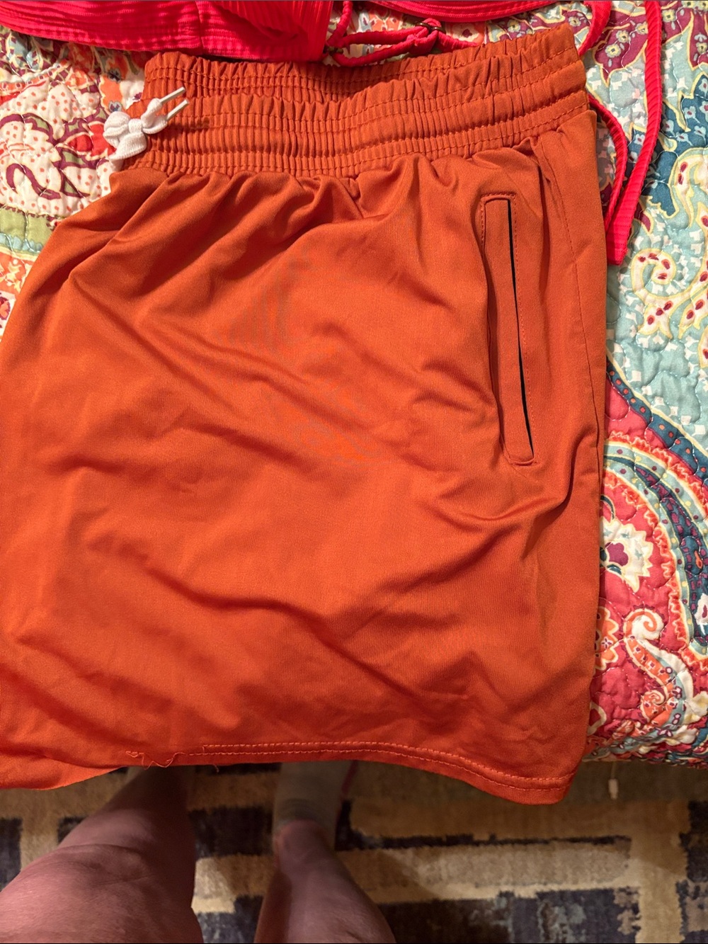 Women's Athletic Orange Drawstring Shorts with Zip Pocket